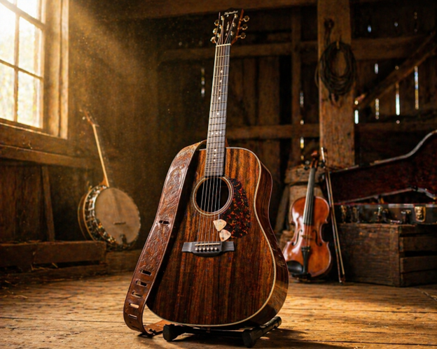 A premium rosewood dreadnought guitar in a rustic barn setting, representing the classic choice for country and bluegrass players