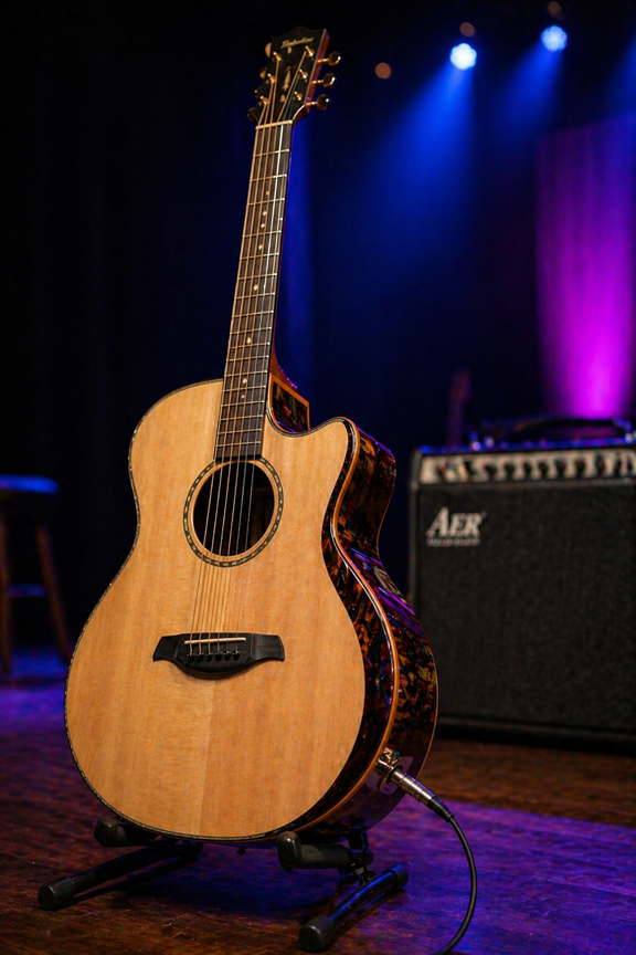 A professional acoustic-electric guitar with a cutaway on stage, plugged into an amplifier under cinematic stage lighting.