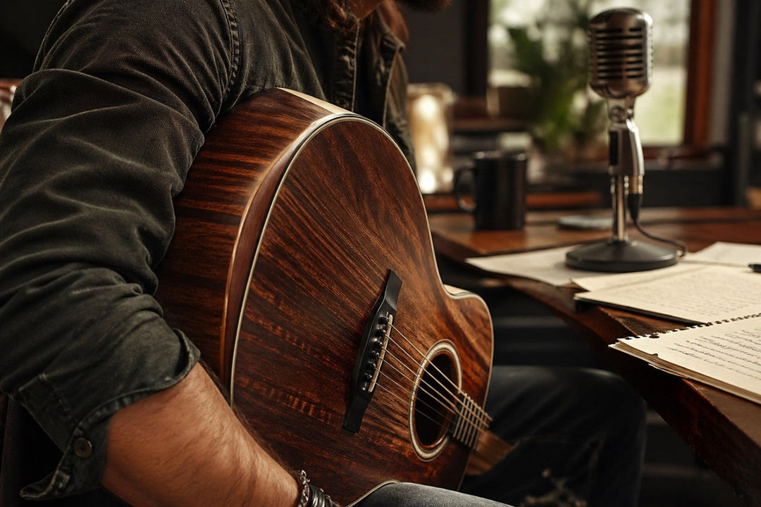 A singer-songwriter using a solid wood auditorium acoustic guitar with an arm bevel in a studio setting