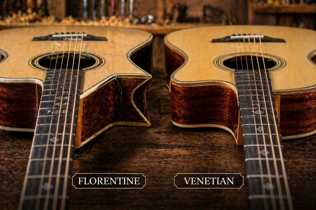 A visual comparison of Florentine and Venetian cutaways on acoustic guitars, showing the sharp pointed shape versus the soft rounded curve