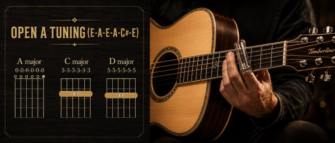 Acoustic guitar tuned to open A for slide and blues playing