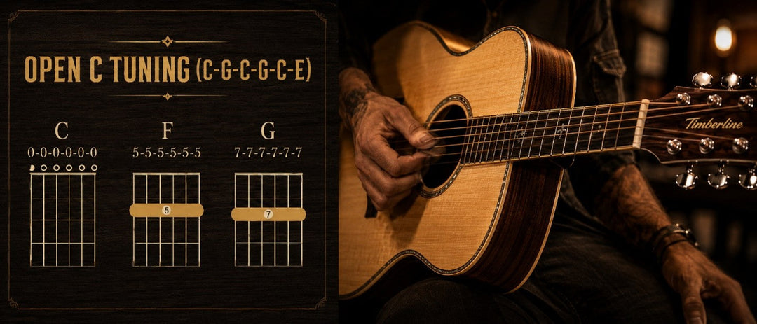 Acoustic guitar tuned to open C for deep resonant chords