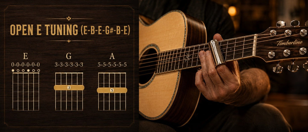 Acoustic guitar tuned to open E for slide and blues playing