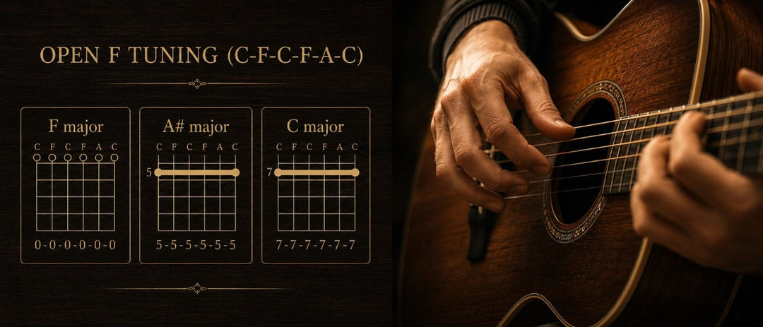 Acoustic guitar tuned to open F for deep resonant fingerstyle