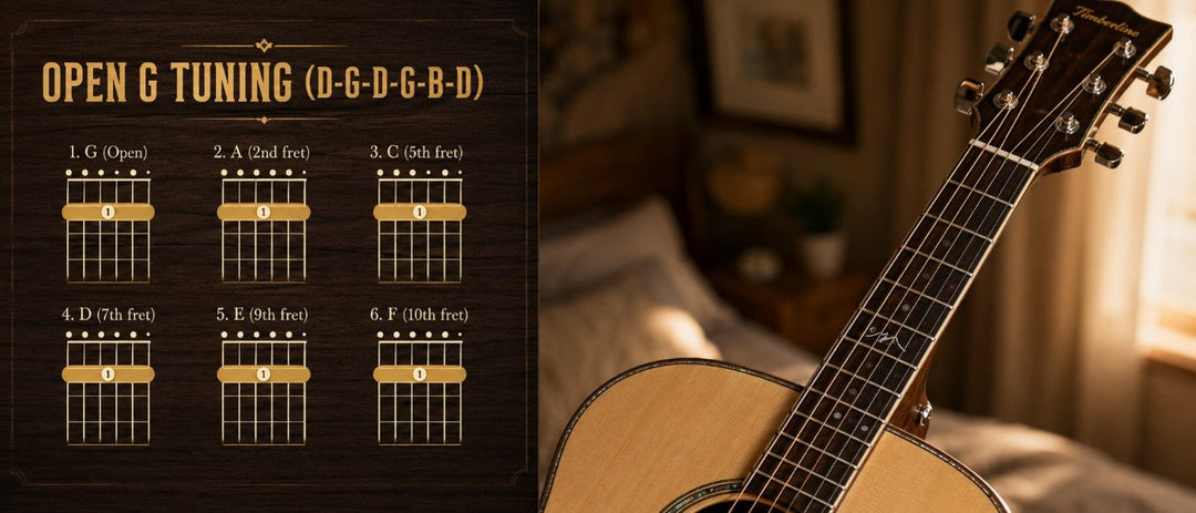 Acoustic guitar tuned to open G for blues and fingerpicking