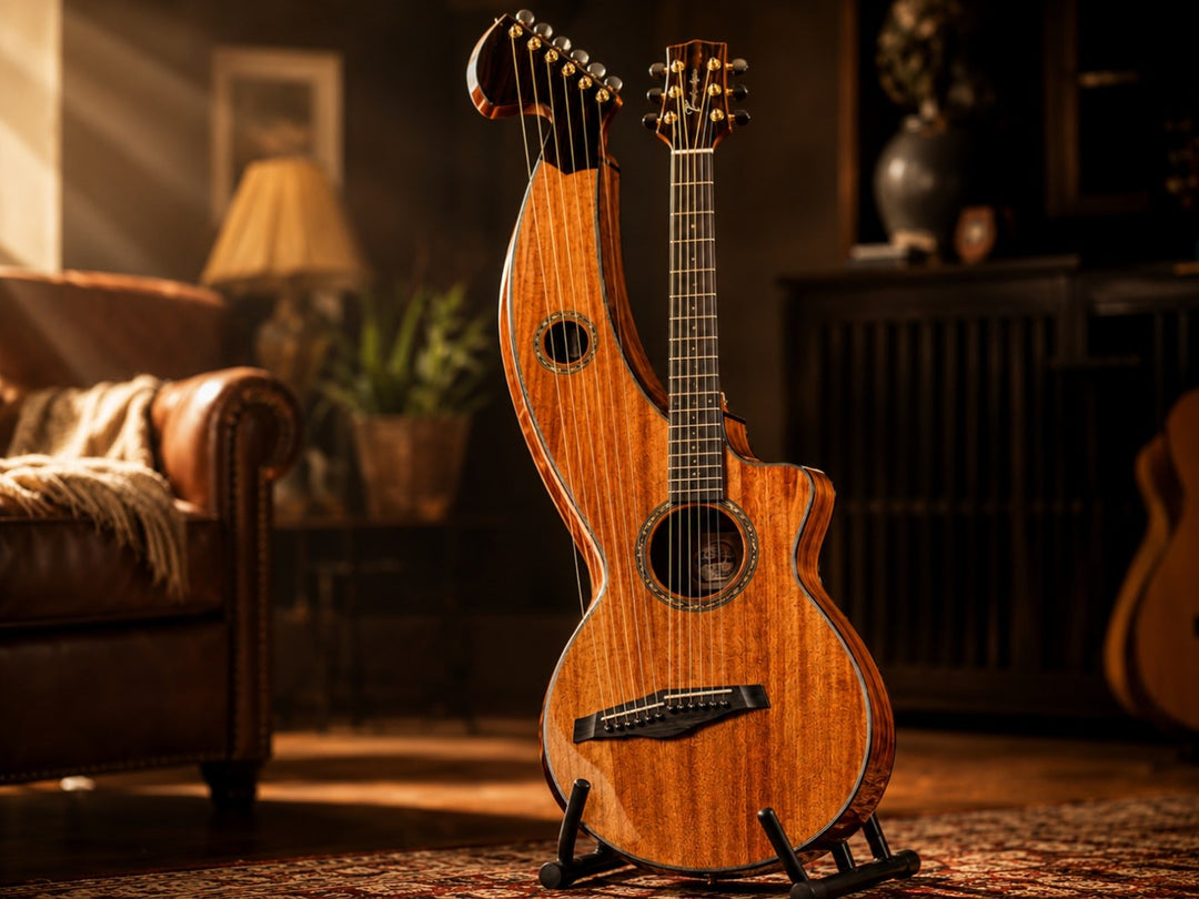 Acoustic harp guitar tuned to open D with sub-bass strings