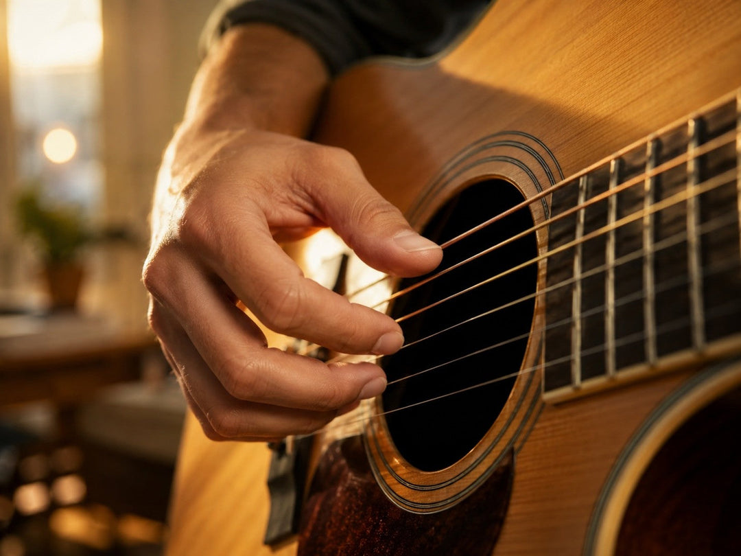 Beginner fingerpicking an acoustic guitar with thumb and fingers