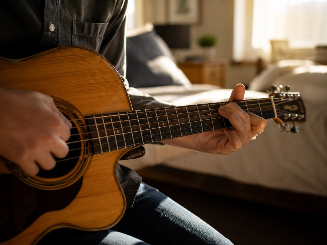 Beginner playing easy guitar songs on an acoustic guitar