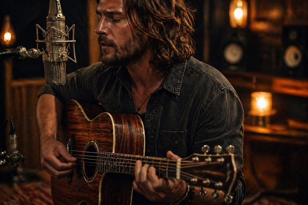 A singer-songwriter performing with a solid wood auditorium guitar and a studio microphone, highlighting the perfect balance for vocals