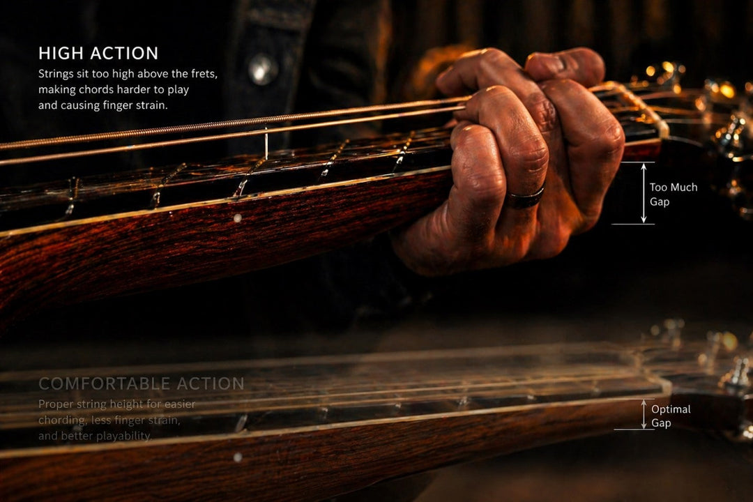 A side view of an acoustic guitar neck showing high action (strings too far from frets) causing playing difficulty