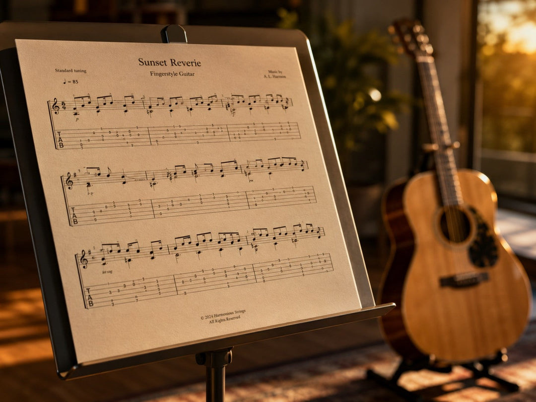 Fingerstyle guitar tab notation on a music stand beside an acoustic guitar