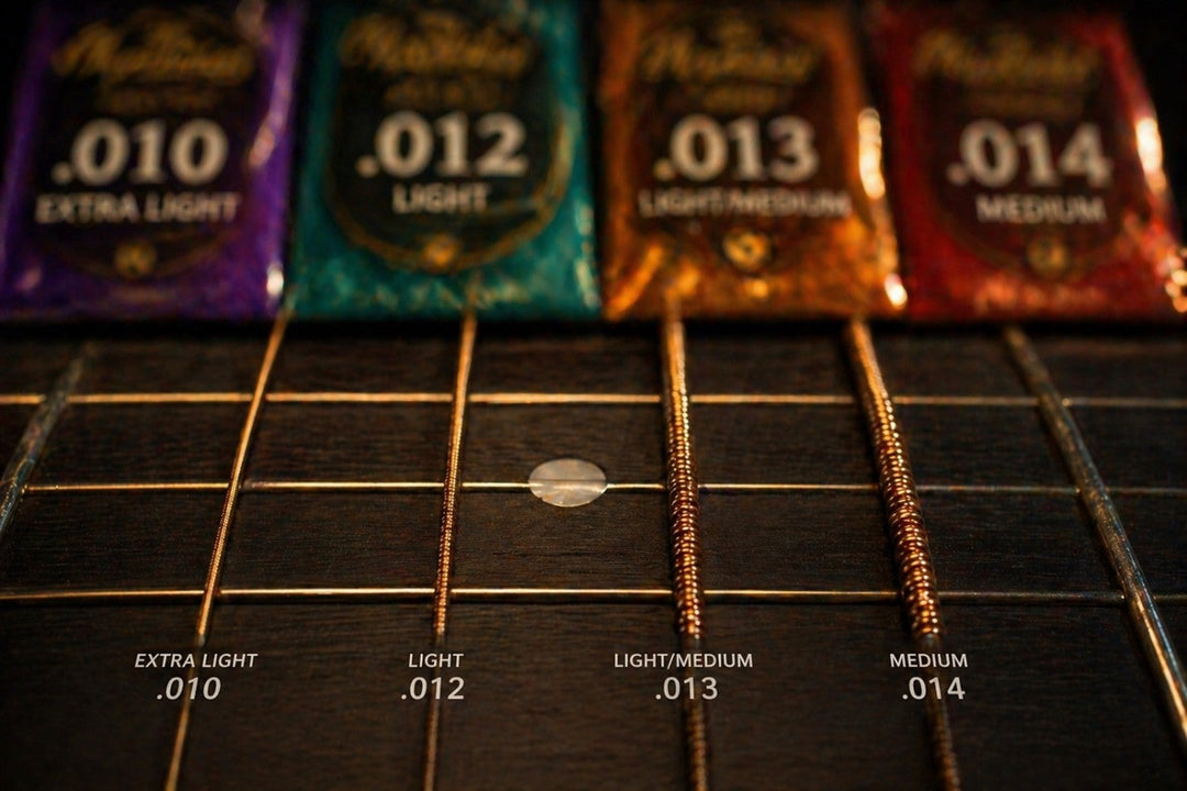 A side-by-side comparison of different acoustic guitar string gauges from extra light to medium on a fretboard