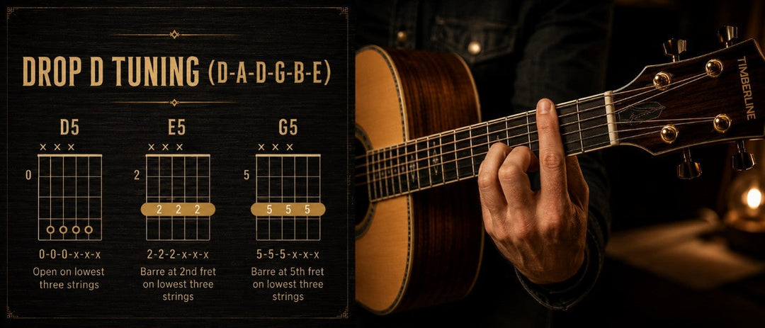 Guitarist playing a one-finger power chord in Drop D tuning