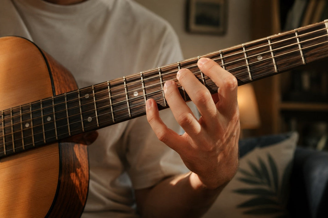 Guitarist practicing finger exercises on an acoustic guitar fretboard