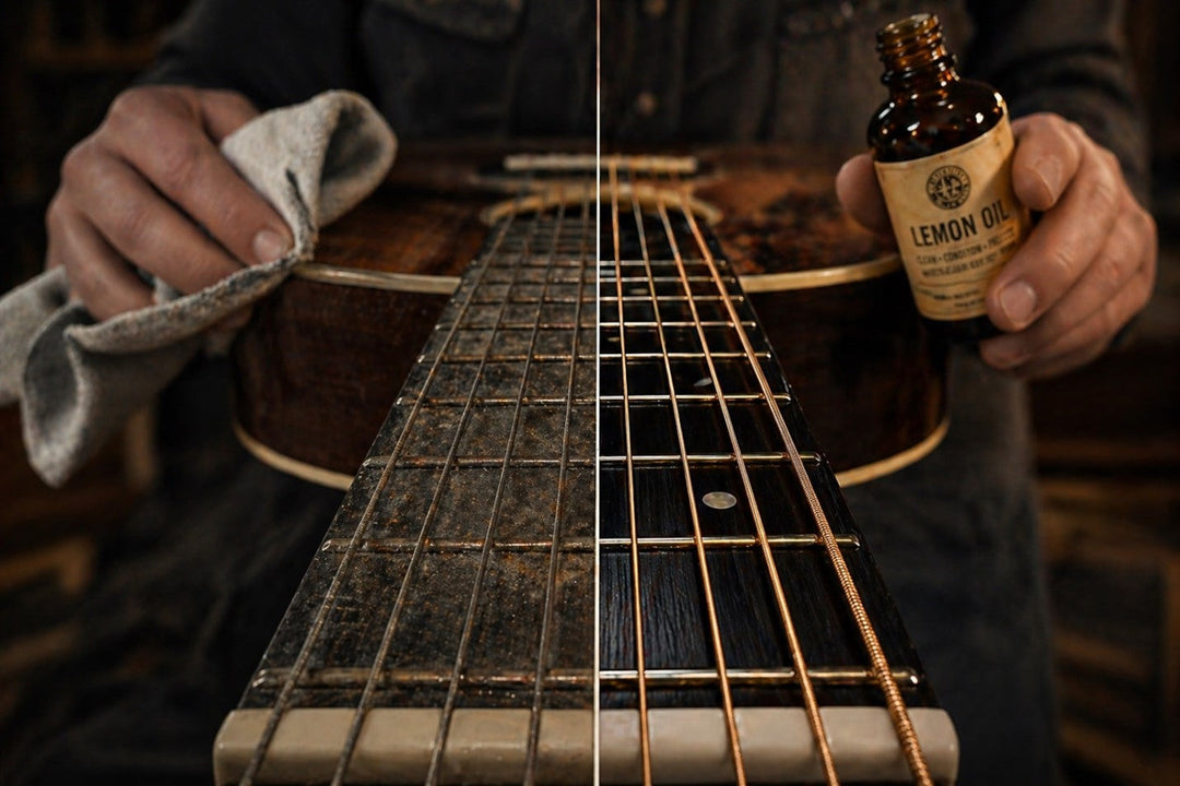 A before and after comparison of a dull acoustic guitar fretboard being cleaned and restrung to restore tone