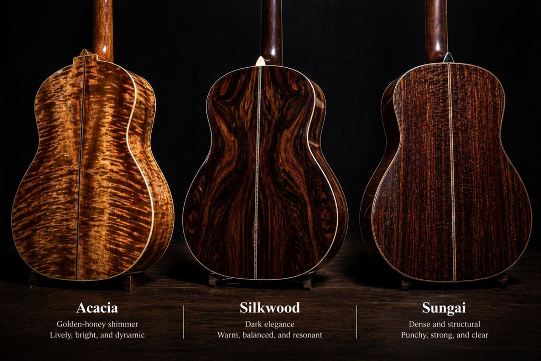 Side-by-side comparison of Acacia, Silkwood, and Sungai tonewoods on acoustic guitar bodies