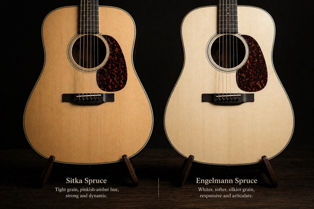 Side-by-side comparison of Sitka and Engelmann spruce guitar tops showing the color and grain differences