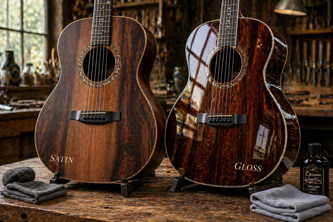 Side-by-side comparison of a satin finish and a high-gloss finish on acoustic guitars in a workshop setting