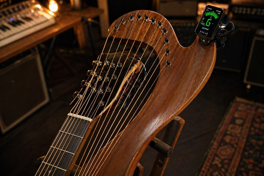 A 20-string harp guitar being tuned with a clip-on chromatic tuner in a professional music studio