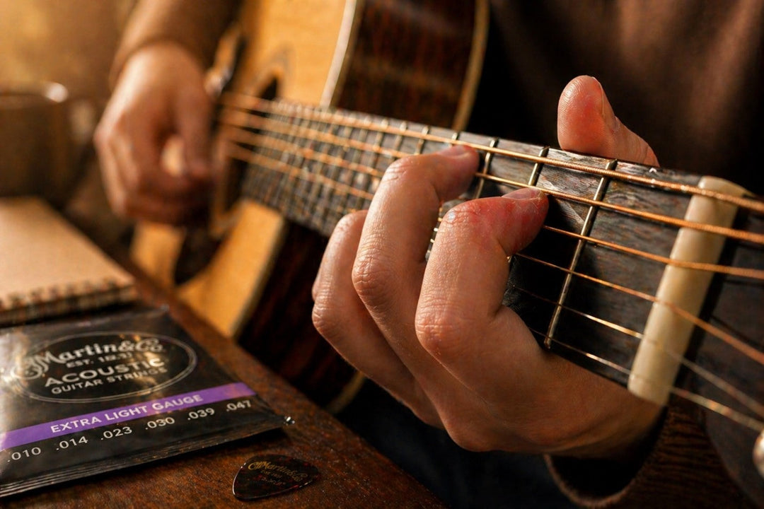 Close-up of a beginner's fingers on acoustic guitar strings, showing how to manage finger pain and build calluses