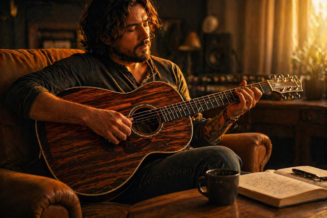 A guitar player enjoying a long session with a comfortable auditorium acoustic guitar featuring an arm bevel for forearm relief