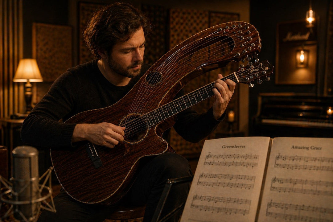 A musician playing a harp guitar with sheet music for popular harp guitar songs in a studio setting