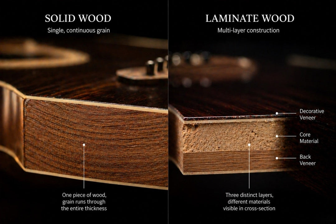 A premium solid wood acoustic guitar with glowing sound waves illustrating rich tonal resonance and harmonic depth