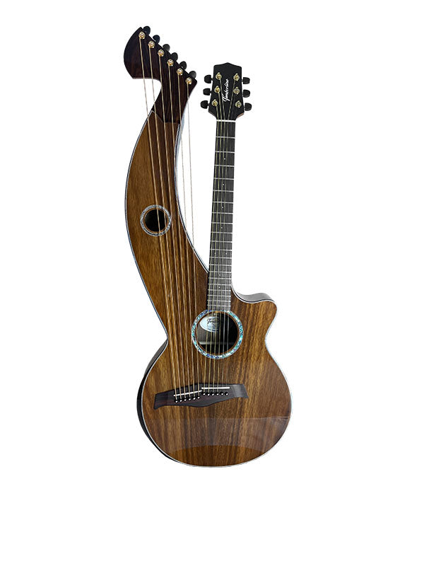 T70HGc Premium 100% Tropical Silkwood 12 String Full Sized Auditorium harp guitar with Maccssar ebony arm bevel, fretboard and bridge.
