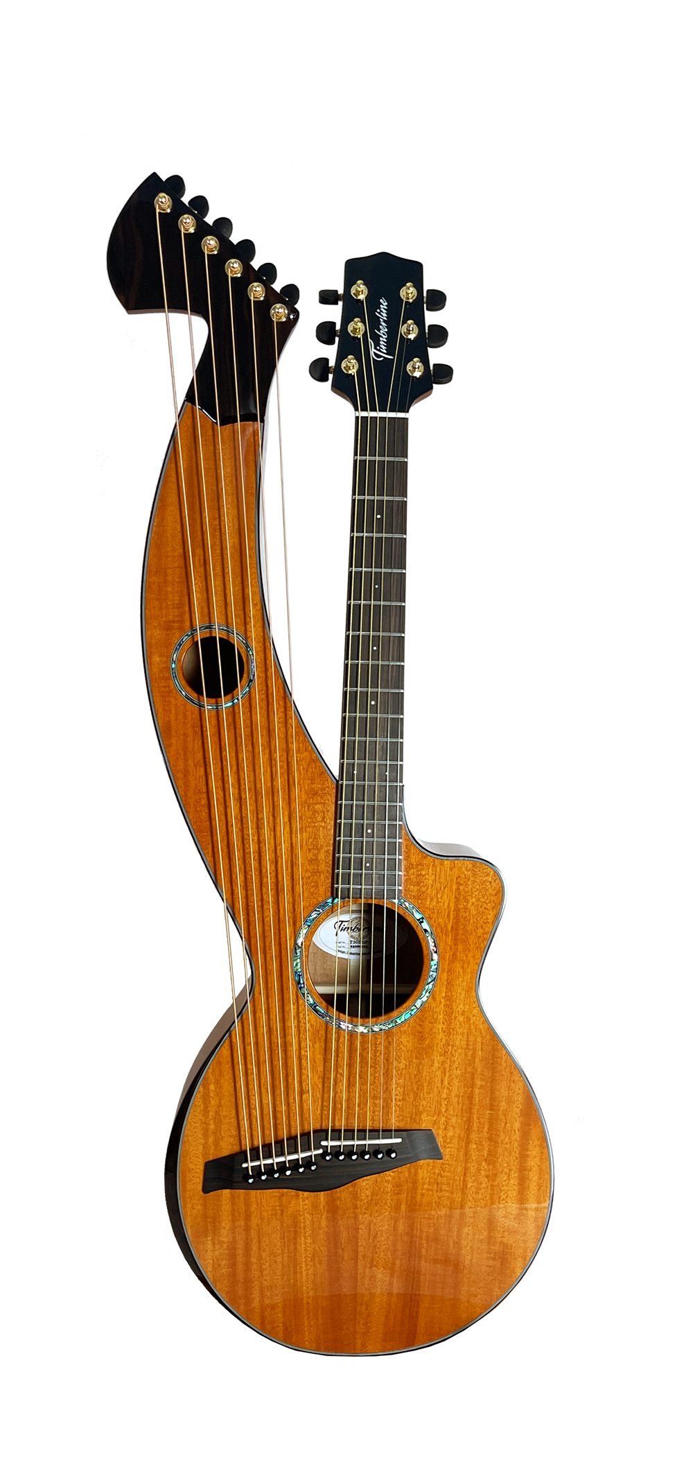 T30HGpc Premium 100% Tropical Mahogany 12 String Parlor sized harp guitar with ebony fretboard, arm bevel and bridge.