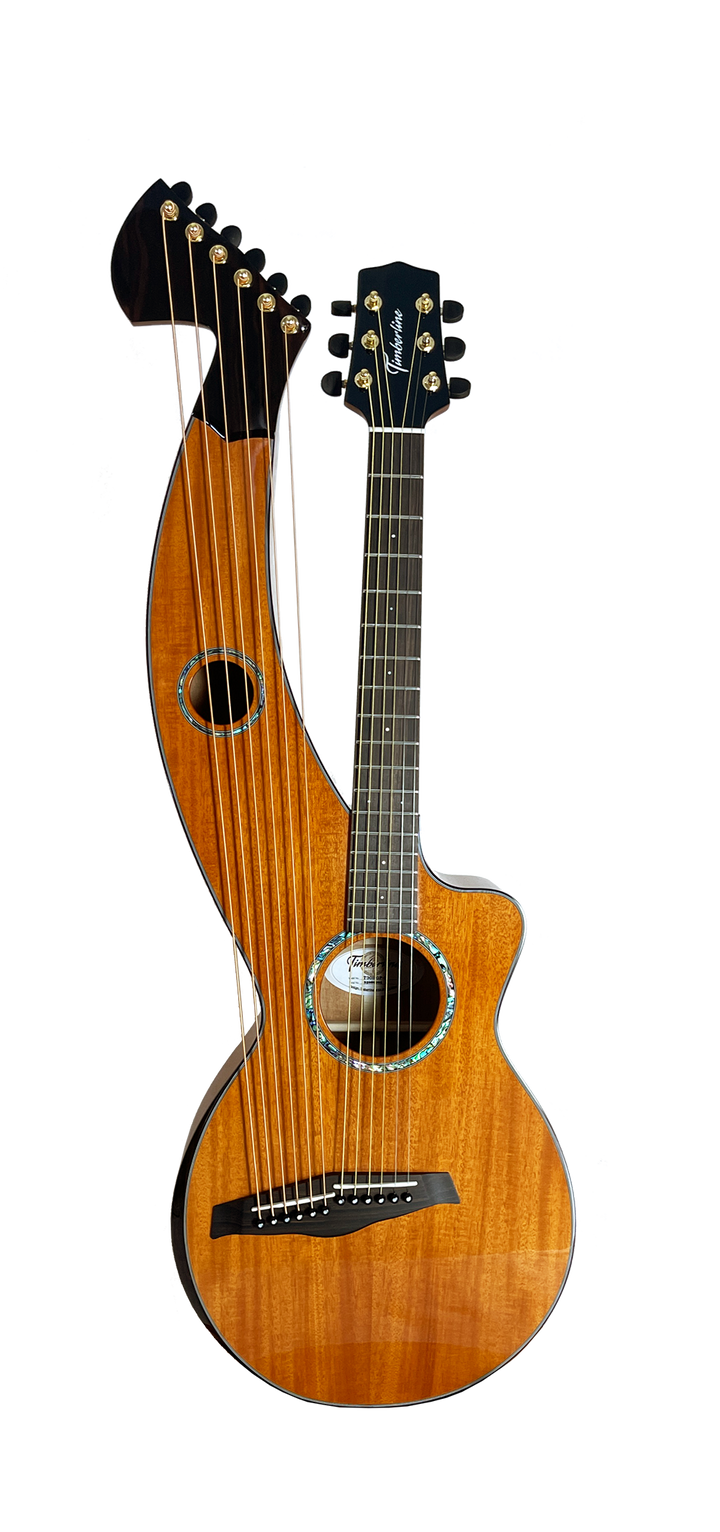 T30HGpc Premium 100% Tropical Mahogany 12 String Parlor sized harp guitar with ebony fretboard, arm bevel and bridge.