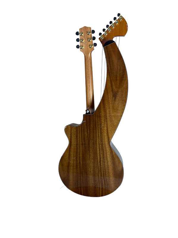 T70HGc Premium 100% Tropical Silkwood 12 String Full Sized Auditorium harp guitar with Maccssar ebony arm bevel, fretboard and bridge.