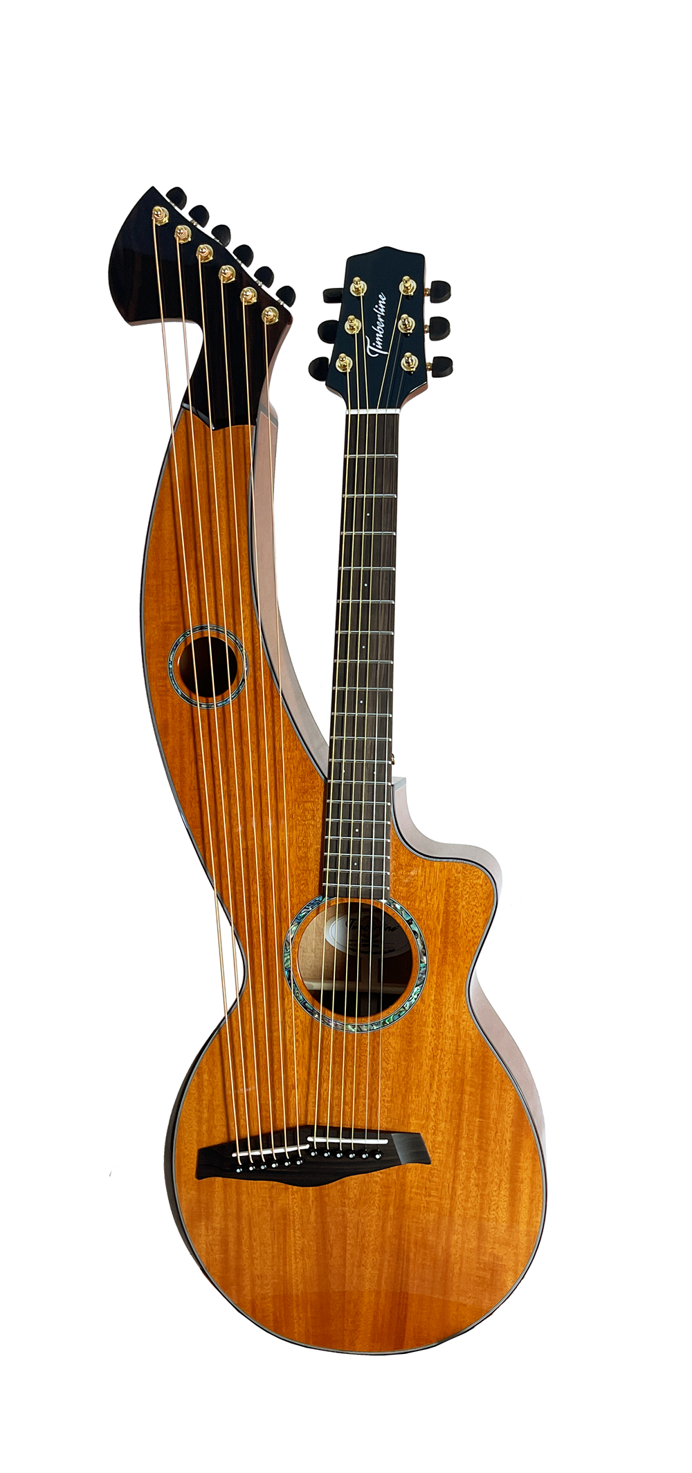 T30HGpc Premium 100% Tropical Mahogany 12 String Parlor sized harp guitar with ebony fretboard, arm bevel and bridge.