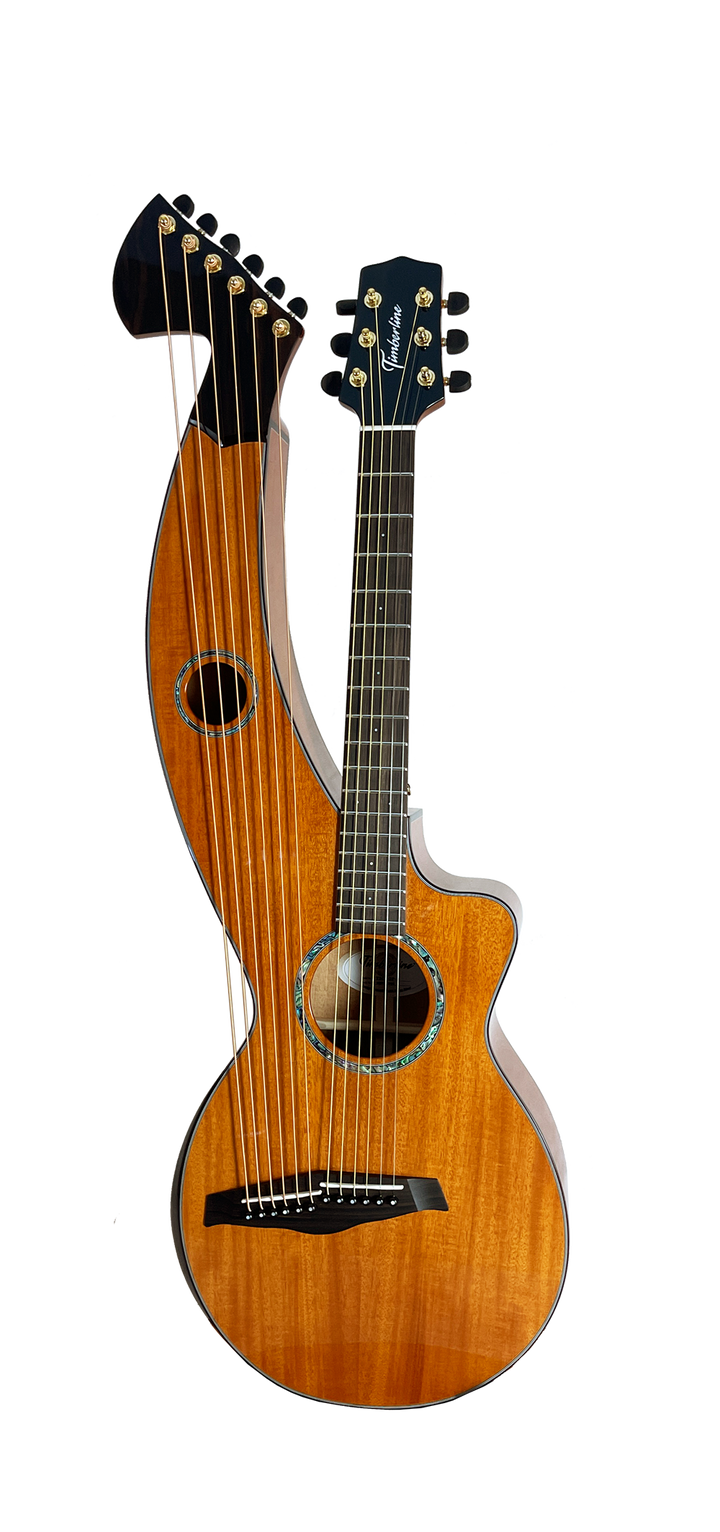 T30HGpc Premium 100% Tropical Mahogany 12 String Parlor sized harp guitar with ebony fretboard, arm bevel and bridge.
