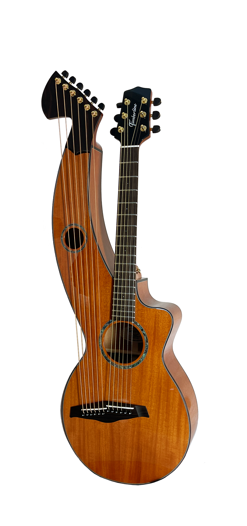 T30HGpc Premium 100% Tropical Mahogany 12 String Parlor sized harp guitar with ebony fretboard, arm bevel and bridge.