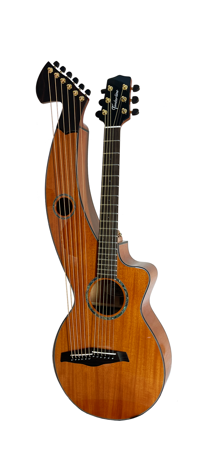 T30HGpc Premium 100% Tropical Mahogany 12 String Parlor sized harp guitar with ebony fretboard, arm bevel and bridge.