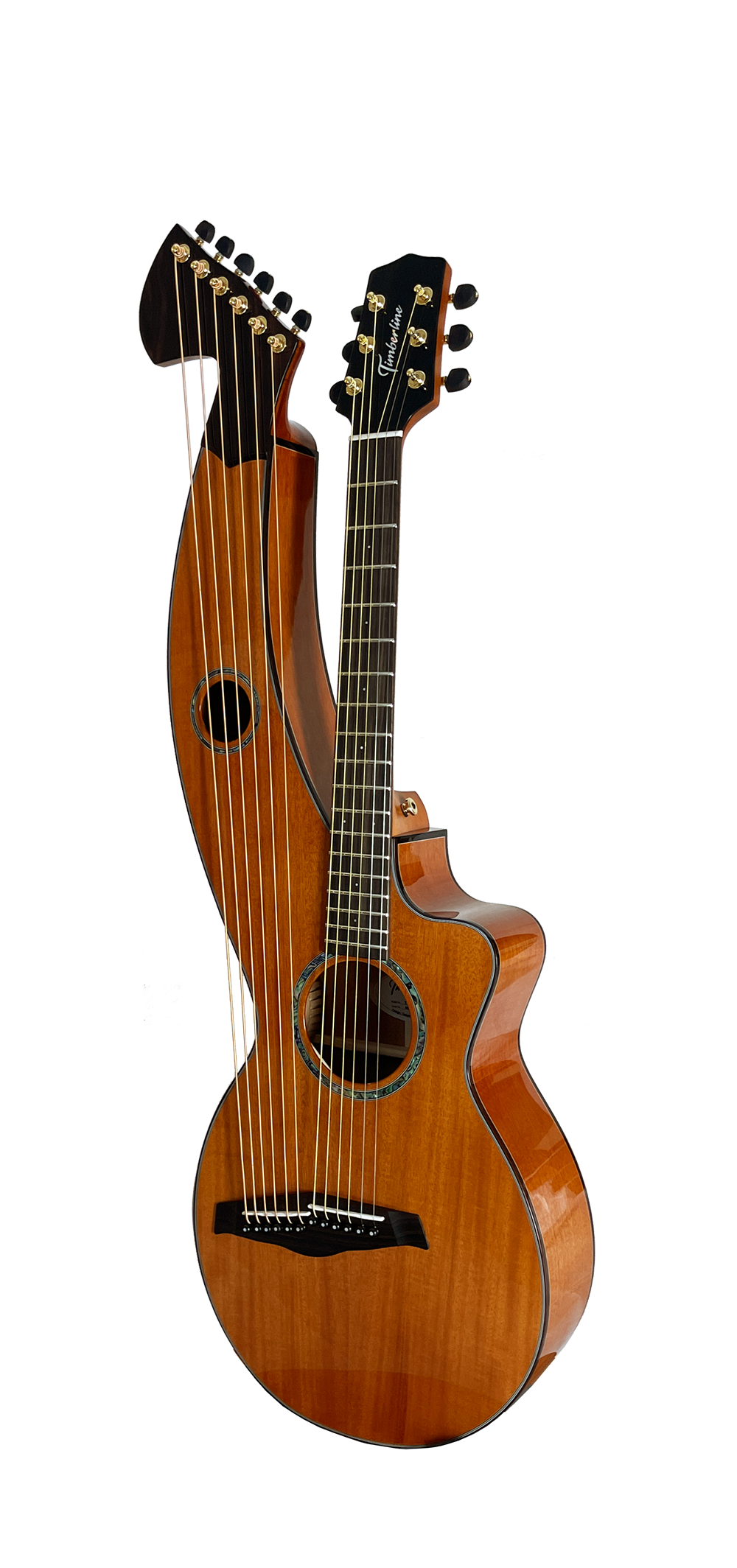 T30HGpc Premium 100% Tropical Mahogany 12 String Parlor sized harp guitar with ebony fretboard, arm bevel and bridge.