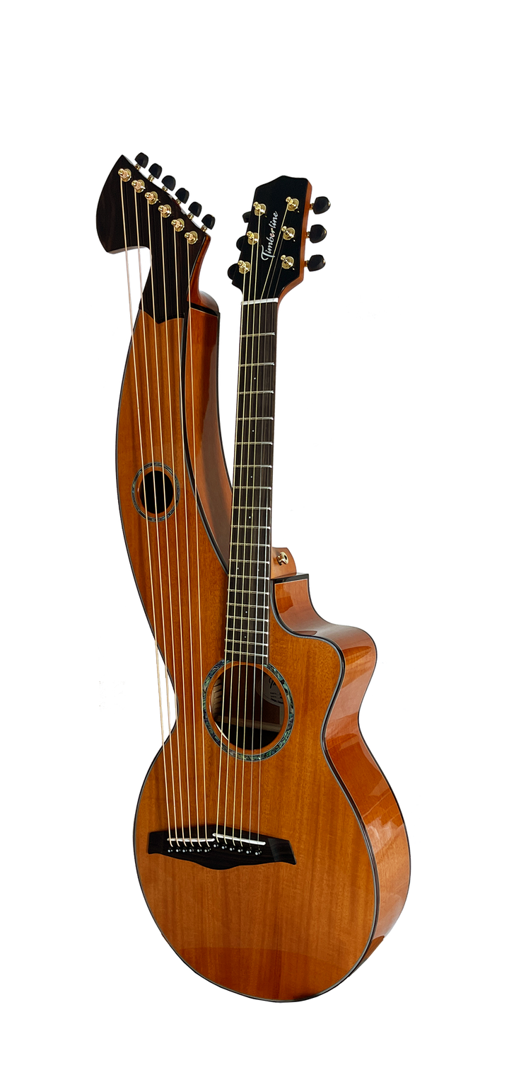T30HGpc Premium 100% Tropical Mahogany 12 String Parlor sized harp guitar with ebony fretboard, arm bevel and bridge.