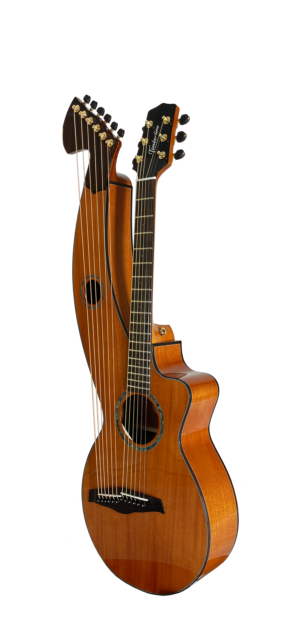 T30HGpc Premium 100% Tropical Mahogany 12 String Parlor sized harp guitar with ebony fretboard, arm bevel and bridge.