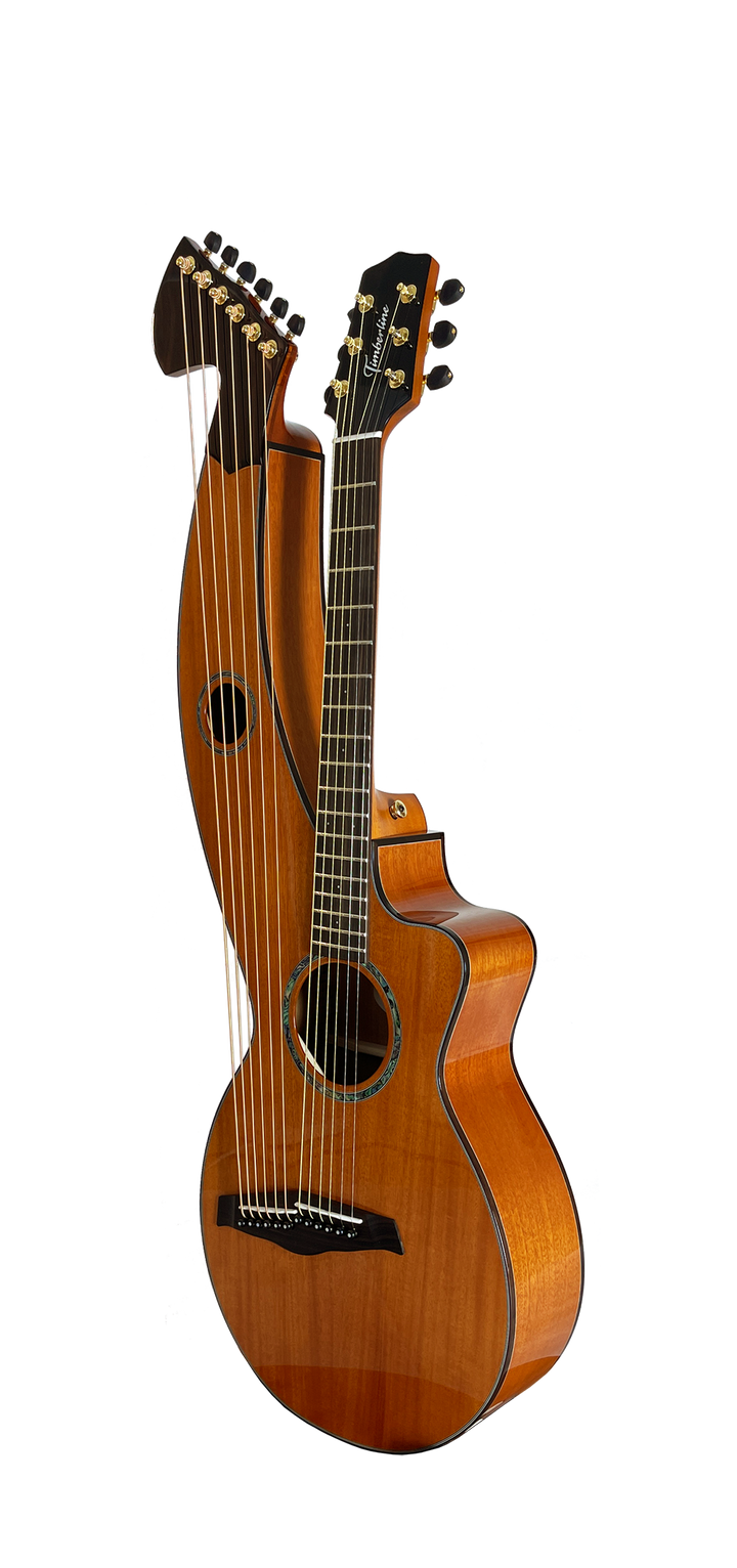 T30HGpc Premium 100% Tropical Mahogany 12 String Parlor sized harp guitar with ebony fretboard, arm bevel and bridge.