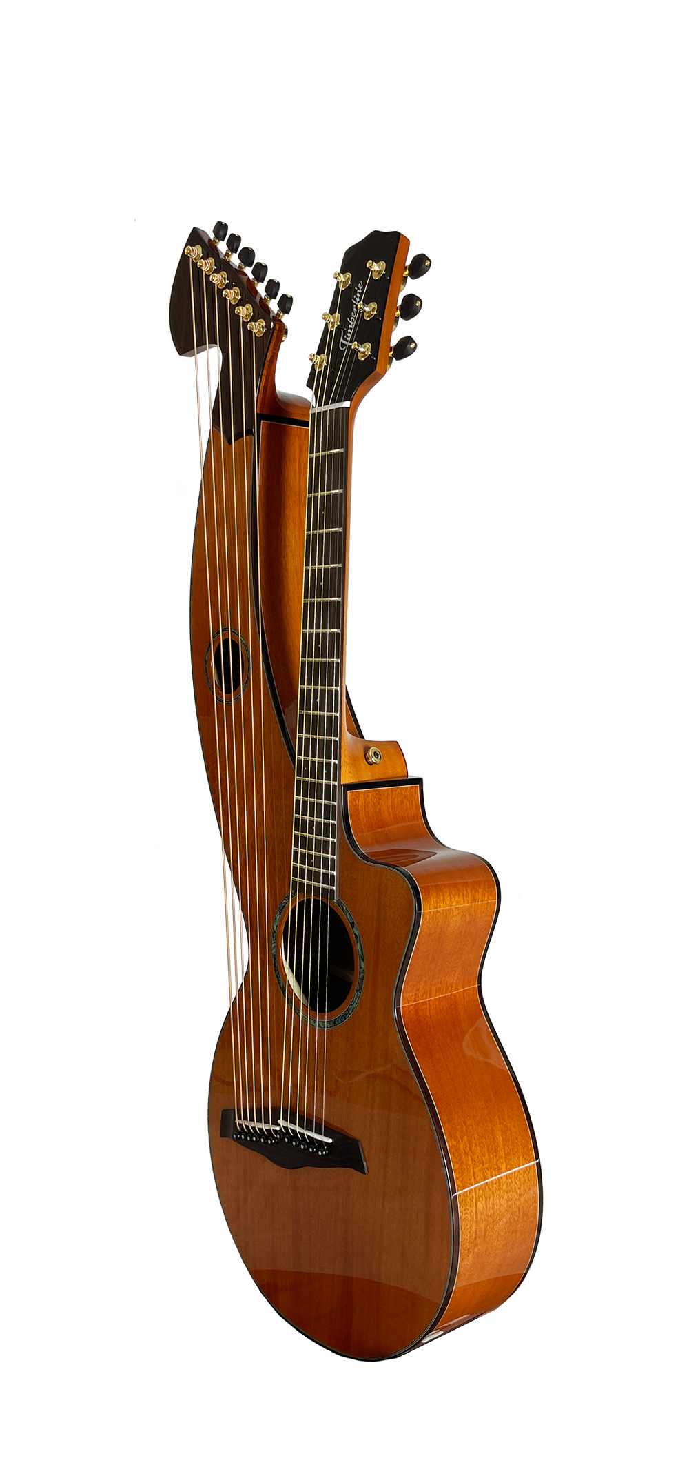 T30HGpc Premium 100% Tropical Mahogany 12 String Parlor sized harp guitar with ebony fretboard, arm bevel and bridge.