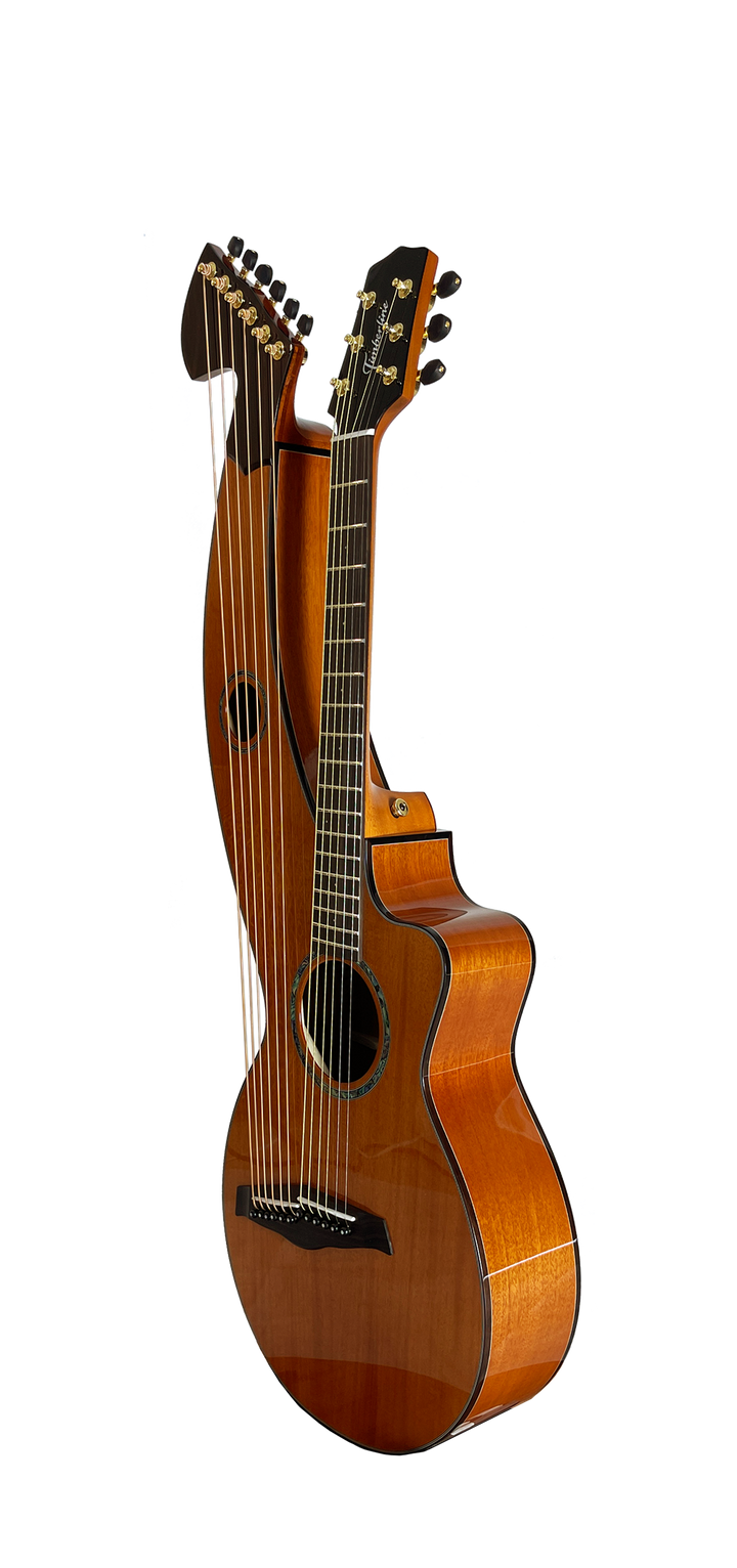 T30HGpc Premium 100% Tropical Mahogany 12 String Parlor sized harp guitar with ebony fretboard, arm bevel and bridge.