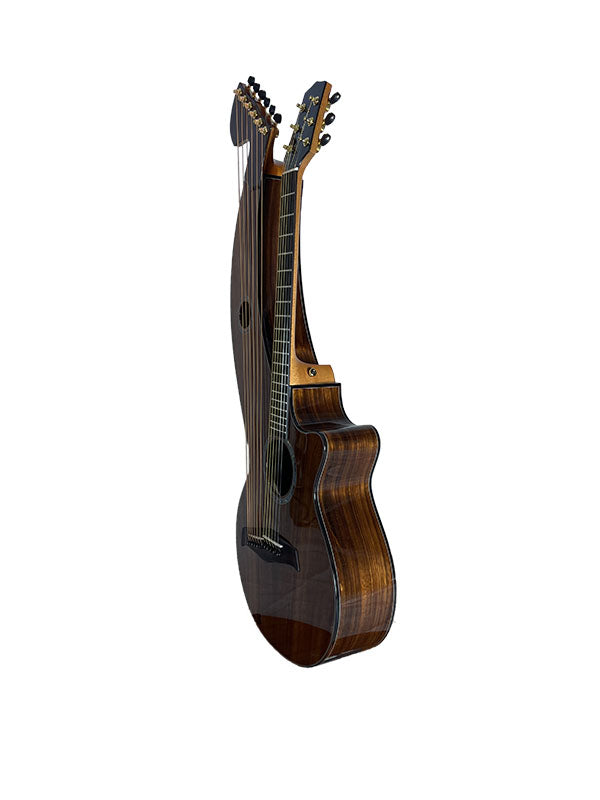 T70HGc Premium 100% Tropical Silkwood 12 String Full Sized Auditorium harp guitar with Maccssar ebony arm bevel, fretboard and bridge.