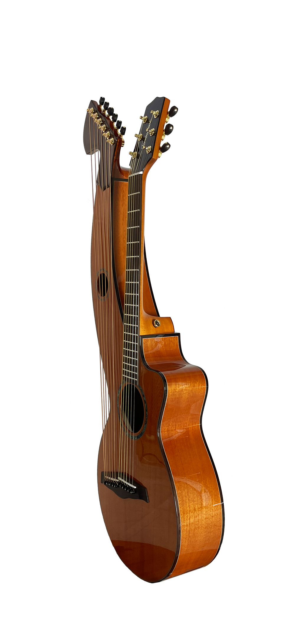T30HGpc Premium 100% Tropical Mahogany 12 String Parlor sized harp guitar with ebony fretboard, arm bevel and bridge.