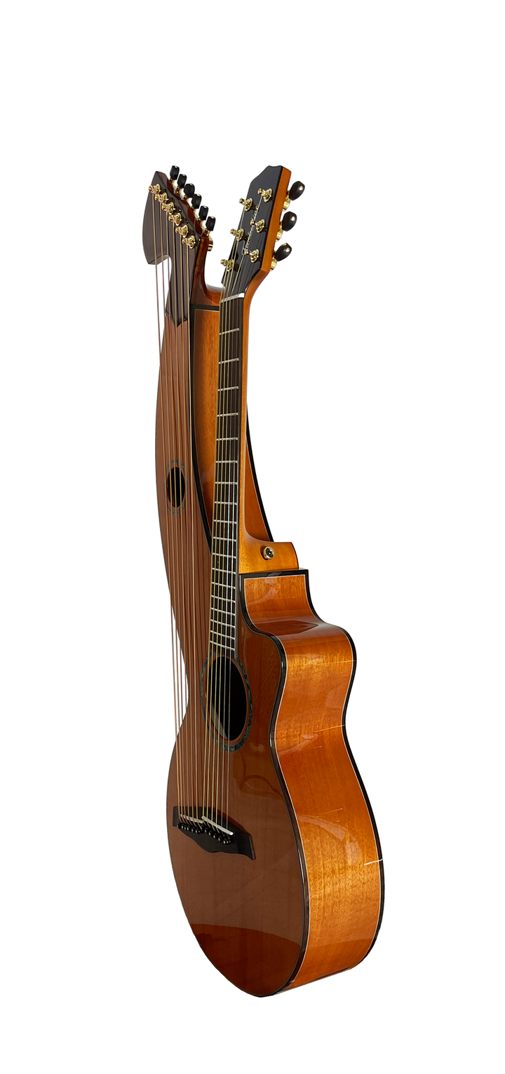 T30HGpc Premium 100% Tropical Mahogany 12 String Parlor sized harp guitar with ebony fretboard, arm bevel and bridge.