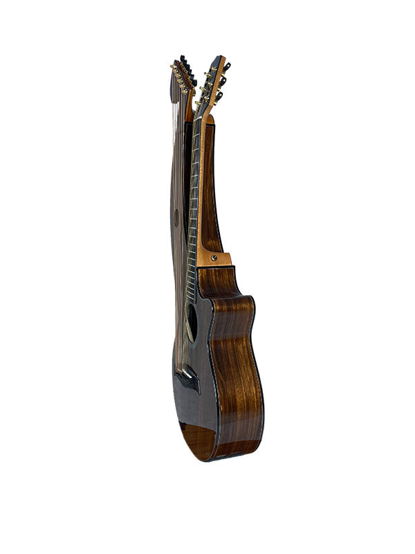 T70HGc Premium 100% Tropical Silkwood 12 String Full Sized Auditorium harp guitar with Maccssar ebony arm bevel, fretboard and bridge.