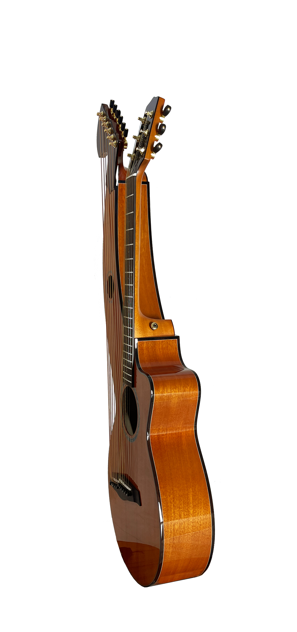 T30HGpc Premium 100% Tropical Mahogany 12 String Parlor sized harp guitar with ebony fretboard, arm bevel and bridge.
