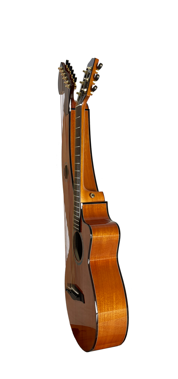 T30HGpc Premium 100% Tropical Mahogany 12 String Parlor sized harp guitar with ebony fretboard, arm bevel and bridge.