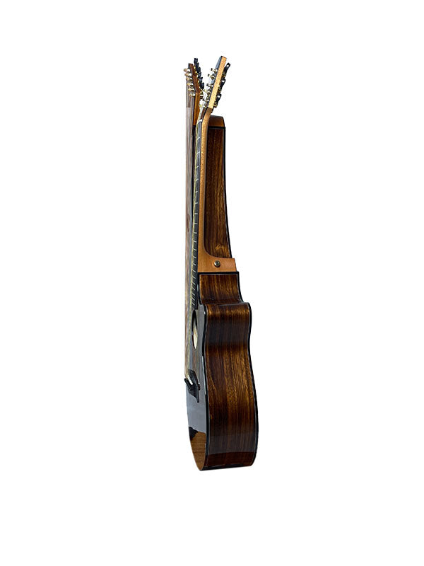 T70HGc Premium 100% Tropical Silkwood 12 String Full Sized Auditorium harp guitar with Maccssar ebony arm bevel, fretboard and bridge.