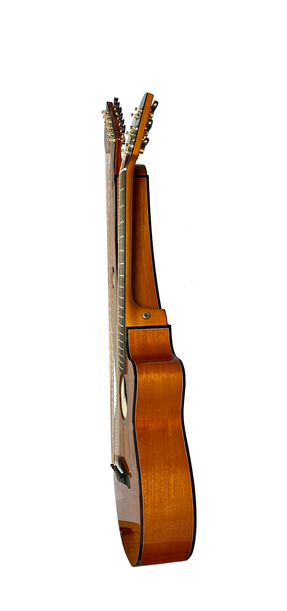 T30HGpc Premium 100% Tropical Mahogany 12 String Parlor sized harp guitar with ebony fretboard, arm bevel and bridge.