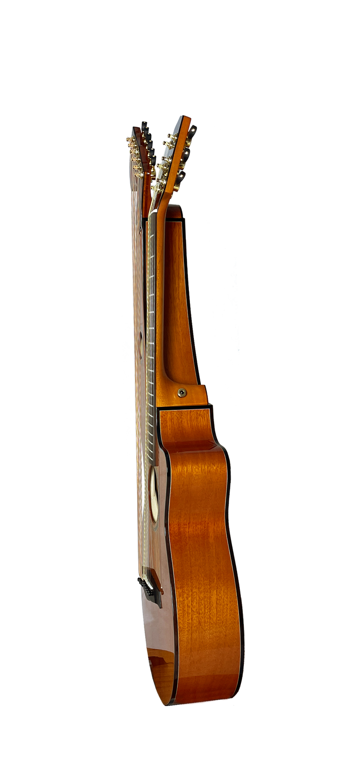 T30HGpc Premium 100% Tropical Mahogany 12 String Parlor sized harp guitar with ebony fretboard, arm bevel and bridge.